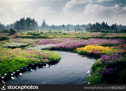Beautiful flower field with cute little water flows through