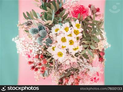 Beautiful flowers bunch composition. Summer flowers arrangement. Greeting. Floral background. Mothers day