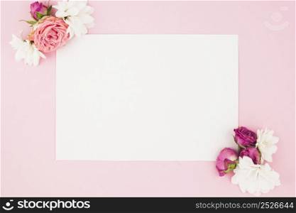 beautiful flowers corner white paper against pink background