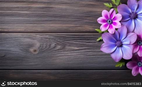 Beautiful flowers on a wooden background. Place for your text.