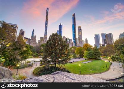Beautiful foliage colors of New York Central Park at sunset in USA