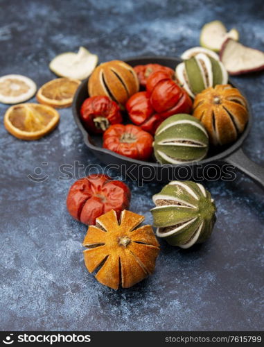 Beautiful food portrait of Wnter seasonal dried fruits with vintage texture background