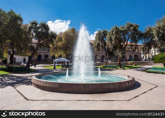 Beautiful fountain on San Francisco Square in Cusco, Peru