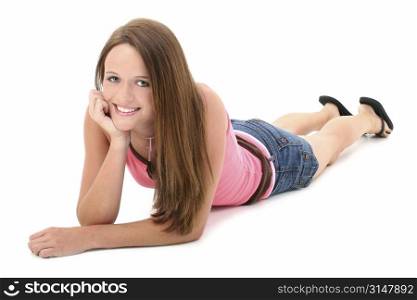 Beautiful Fourteen Year Old Girl Laying On Floor.