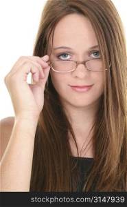 Beautiful Fourteen Year Old Teen Looking Over Eyeglasses.