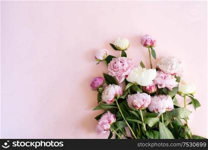 Beautiful fresh pink and white peony flowers bouquet on pink table, top view and flat lay background. Fresh peony flowers
