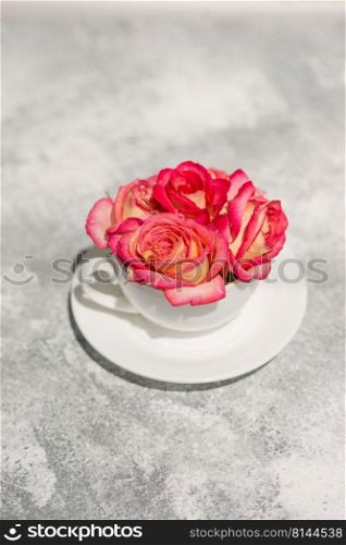 Beautiful fresh roses of pink color with drops of dew in a white scab on a gray concrete background. Decorating the dining table. Beautiful fresh roses of pink color with drops of dew in a white scab on a gray concrete background