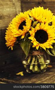 Beautiful fresh Sunflowers in vase on wooden background