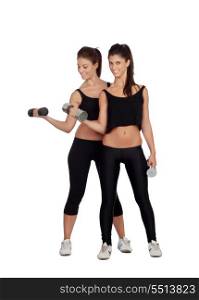 Beautiful friends training lifting weights isolated on white background