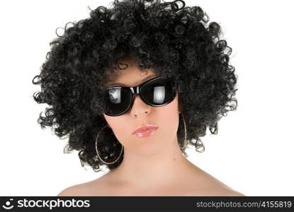 Beautiful frizzy woman with sunglasses isolated over white background