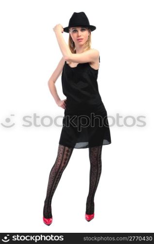 Beautiful full length girl in a hat. Isolated on white background