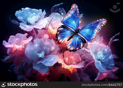 Beautiful Fusion of Glowing Floral Flowers and Blue Butterfly on Dark Background