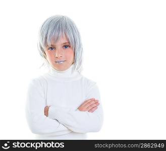 beautiful futuristic kid girl futuristic child with gray hair crossed arms in white