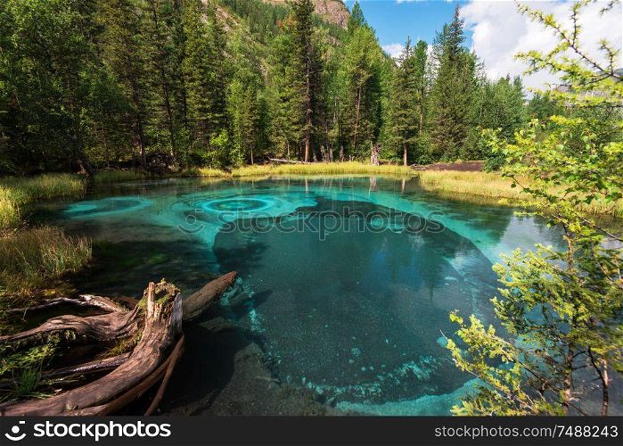 Beautiful Geyser lake with thermal springs that periodically throw blue clay and silt from the ground. Altai mountains, Russia. Geyser lake with thermal springs