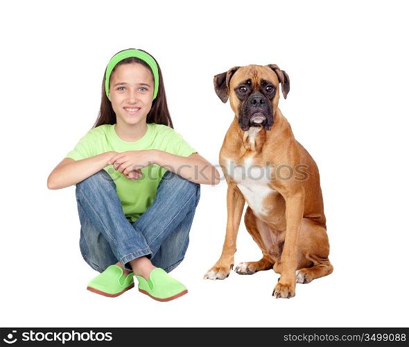 Beautiful girl and her dog isolated on white background