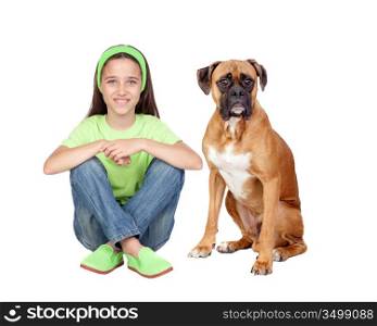 Beautiful girl and her dog isolated on white background