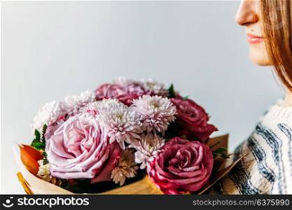 Beautiful Girl And Purple Roses Flower Bouquet Present