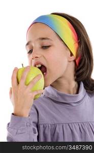 Beautiful girl biting an apple on a white background
