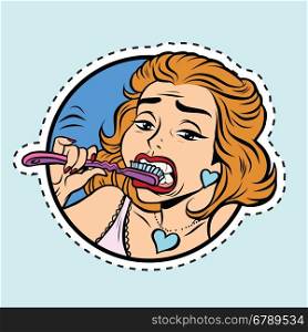 Beautiful girl brushing her teeth, pop art comic illustration. Label sticker cutting contour