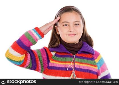 Beautiful girl doing a military salute on a white background