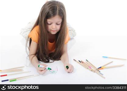 beautiful girl draws pencils. Isolated on white background