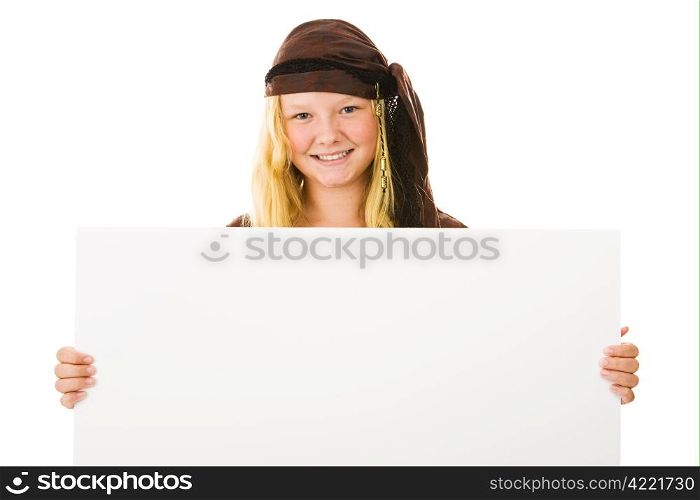 Beautiful girl dressed in her Halloween costume, holding a blank sign. Design element isolated on white.