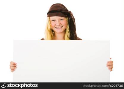 Beautiful girl dressed in her Halloween costume, holding a blank sign. Design element isolated on white.