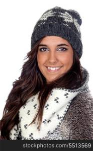 Beautiful girl dressed in winter clothing isolated on a over white