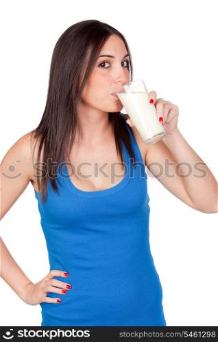 Beautiful girl drinking milk isolated on a over white background