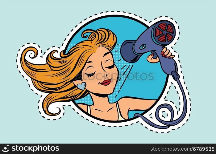 Beautiful girl drying her hair with Hairdryer, pop art comic illustration. Label sticker cutting contour