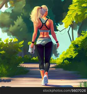 Beautiful girl go for a run in the park. Illustration AI Generative