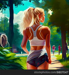 Beautiful girl go for a run in the park. Illustration AI Generative