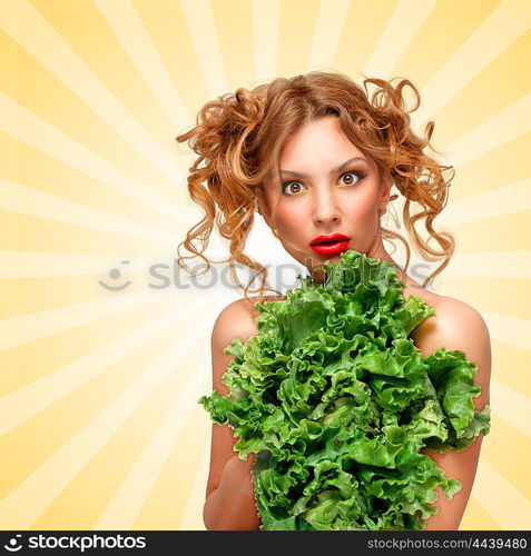 Beautiful girl hiding from disease behind green leaves of lettuce on cartoon style background.