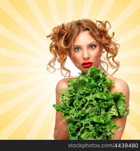 Beautiful girl hiding from disease behind green leaves of lettuce on cartoon style background.