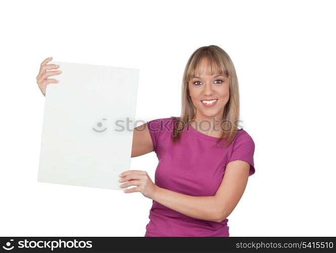 Beautiful girl holding a blank poster for advertising isolated on white background