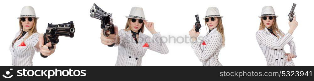 Beautiful girl holding hand gun isolated on white