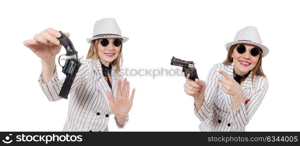 Beautiful girl holding hand gun isolated on white