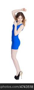 beautiful girl in a blue dress. beautiful girl in a blue dress on a white background
