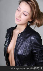 beautiful girl in a leather jacket