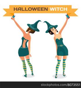 Beautiful girl in a witch costume makes selfie. Front and rear views. Vector flat cartoon illustration isolated on a white background