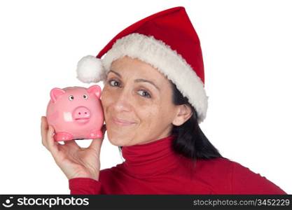 Beautiful girl in Christmas loving moneybox isolated over white