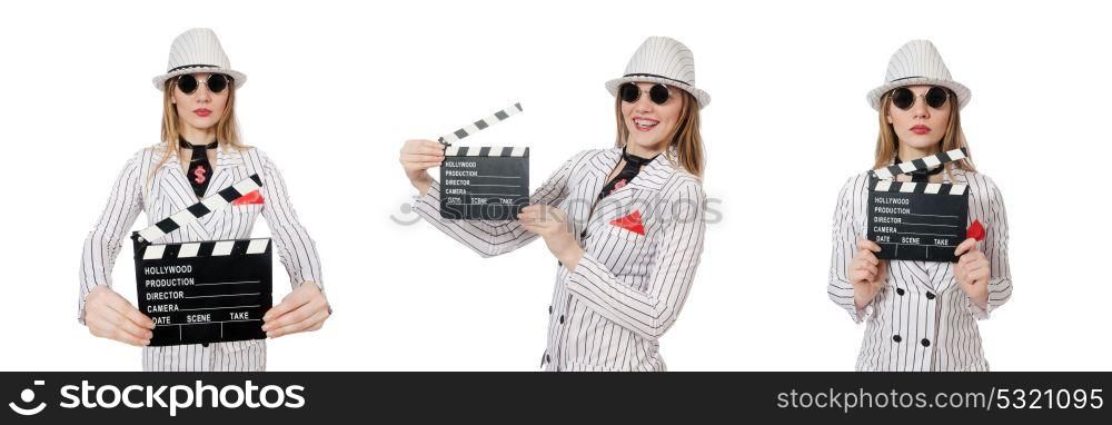 Beautiful girl in striped clothing holding clapperboard isolated. Beautiful girl in striped clothing holding clapperboard isolated on white