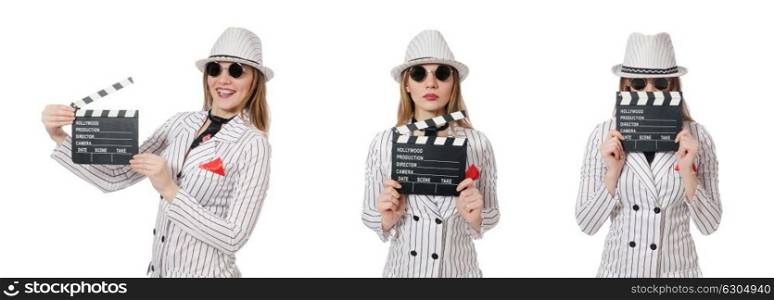 Beautiful girl in striped clothing holding clapperboard isolated. Beautiful girl in striped clothing holding clapperboard isolated on white