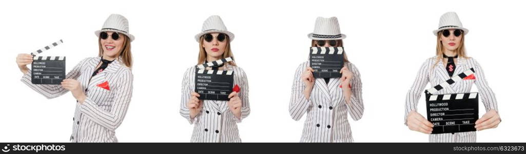 Beautiful girl in striped clothing holding clapperboard isolated. Beautiful girl in striped clothing holding clapperboard isolated on white