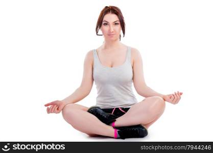 Beautiful Girl in the lotus position on a white background