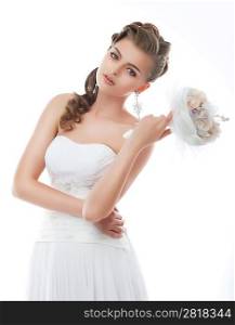 Beautiful girl in wedding dress isolated on white background
