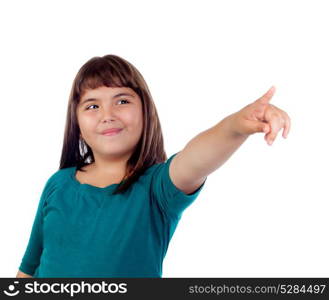 Beautiful girl indicating with his finger isolated on a white background