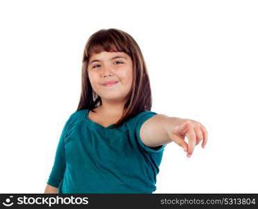 Beautiful girl indicating with his finger isolated on a white background