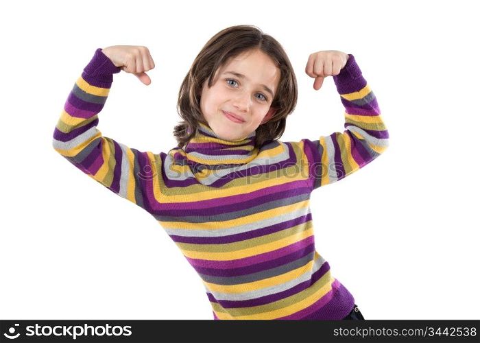 Beautiful girl lifting her arms on a white background
