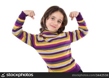 Beautiful girl lifting her arms on a white background